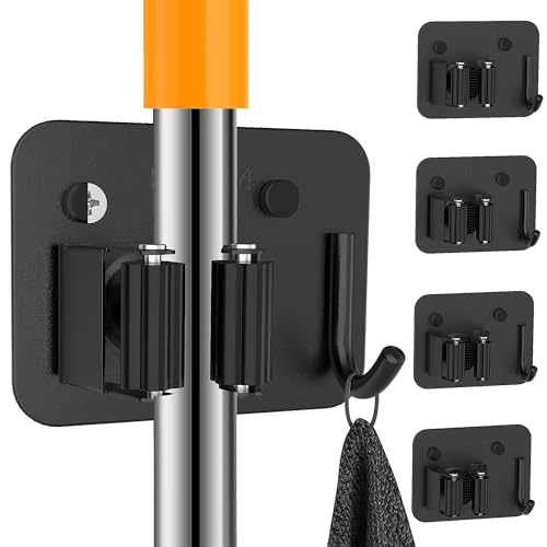 4 Pack Stainless Steel Heavy Duty Broom Holder Wall Mount with Hook, Black - color: D-Black, size: 4PCS Gripper