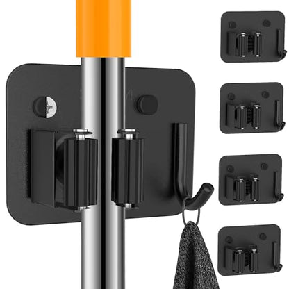 4 Pack Stainless Steel Heavy Duty Broom Holder Wall Mount with Hook, Black - color: D-Black, size: 4PCS Gripper