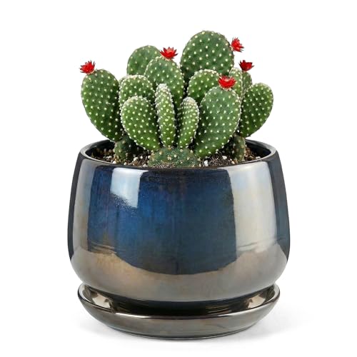7.5 Inch Flower pots for Indoor Outdoor Plants with Saucer Drainage Leak-Proof Mesh, Ceramic Planter with Gardening Gloves for Succulent and Flower (Metallic Black) - color: Metallic Black, size: 7.5 Inch