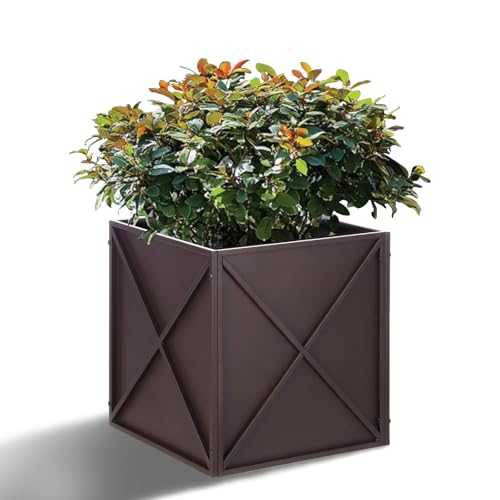 BAYN Metal Square Planter Box Tall Planters for Outdoor Plants Modern Heavy Duty with Drainage Holes for Outside Indoor Patio Deck - Brown, 17”x 17”x 18” - color: Brown, size: 17”x 17”x 18”