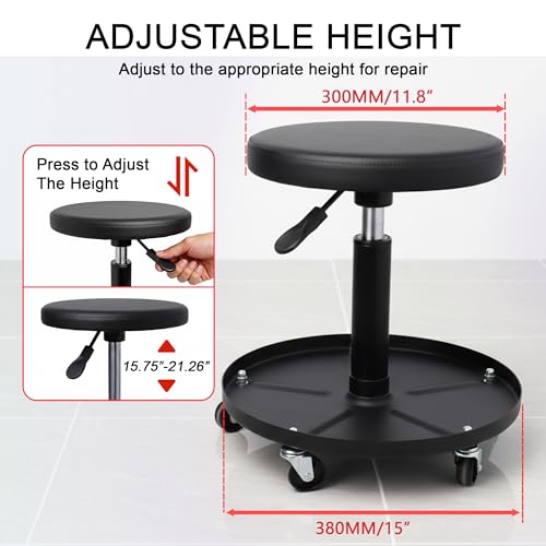 Rolling Mechanic Stool with Wheels Pneumatic Garage Shop Seat,Black - color: Black