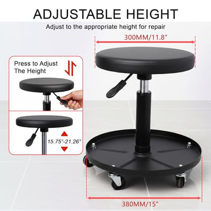 Rolling Mechanic Stool with Wheels Pneumatic Garage Shop Seat,Black - color: Black