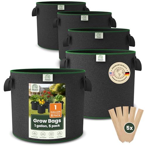 Mabel's Gardening 5-Pack 1 Gallon Grow Bags - Garden Planting Bags 7.1 x 5.9 INCH Made of 8.85 oz/yd² (300g/m²) Felt & Fleece Fabric Plant Pot, Plant Bag, Grow Bag for Basil Oregano Tomato - color: 5-pack, size: 1 Gallon
