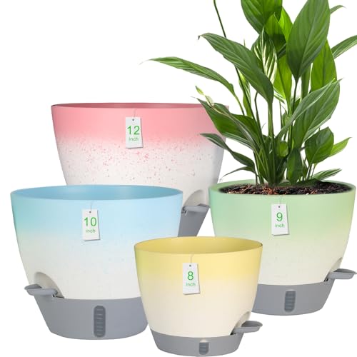4-Piece Planter Set, 12/10/9/8-inch Self-Watering Pots with Drainage Holes, Deep Trays, Water Level Indicators, Suitable for Plants (12/10/9/8-inch, White Gradient Design)