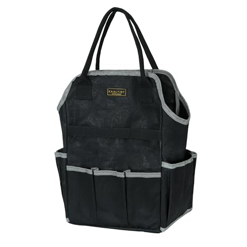 Garden Tool Bag | Heavy-Duty 16oz Waxed Canvas Garden Tool Tote with 8 Pockets | L9.5" x W6" x H15.5" | Tools Storage Bag for Gardeners, Portable Tool Organizer for Garden Essentials - color: Black