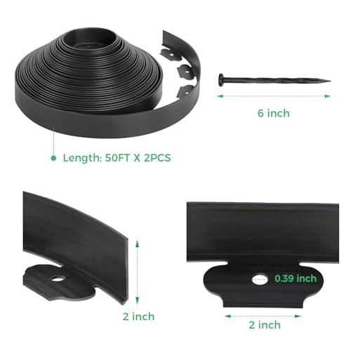 2IN x 100FT Landscape Edging Border with 150 Spikes, Plastic Edging for Landscaping, No Dig Garden Border Edging Kit for Flower Beds, Lawn, Yard, Paver Pathway - size: 2 In x 100 FT
