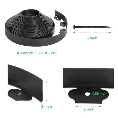 2IN x 100FT Landscape Edging Border with 150 Spikes, Plastic Edging for Landscaping, No Dig Garden Border Edging Kit for Flower Beds, Lawn, Yard, Paver Pathway - size: 2 In x 100 FT