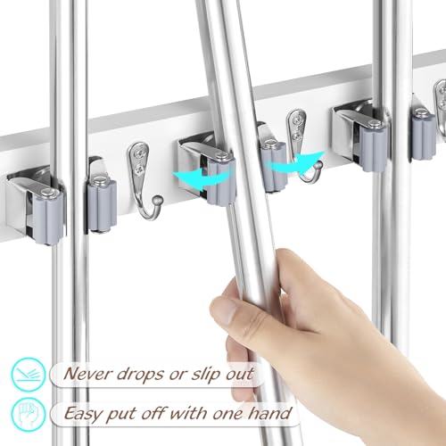 OUTNILI White Mop Broom Holder Wall Mount with 3 Slots & 4 Hooks - Wood Broom Mop Hanger for Pantry Kitchen Organization - Garden Tool Organizer for Closet Laundry Room - color: White-3 Grips, size: 1 Pack