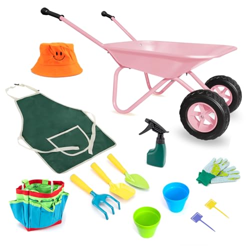 Pink Wheelbarrow for Girl Metal Wheelbarrow Set with 12 PCS Tool(Pink Set) - color: Pink Set
