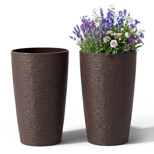 Giantex 21” Tall Round Plastic Planters Set of 2 with Drainage System - color: Brown, size: 13"x13"x21"