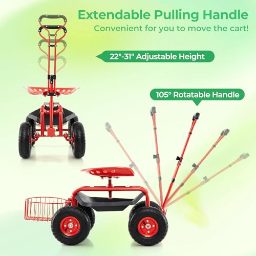 Garden Seat with Wheels, Rolling Stool with Extendable Handle, Storage Basket & Tool Tray, Garden Scooter with 360 Degree Swivel Seat for Outdoor & Yard (Red) - color: Red