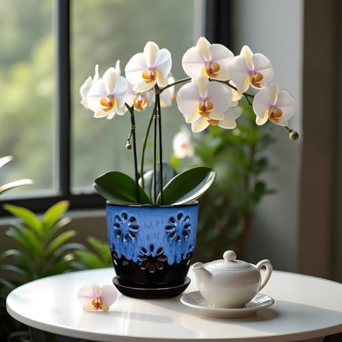 6 inch Orchid Pots with Holes Blue Black Ceramic Orchid Pot for Repotting - color: Blue&black