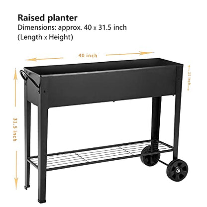 Piksedo Raised Garden Bed, Elevated Planter Metal Plant Box with Wheels with Legs Standing Garden Stand Drainage Holes Frosted Black - size: 40" L x 11" W x 31.5" H