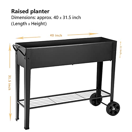 Piksedo Raised Garden Bed, Elevated Planter Metal Plant Box with Wheels with Legs Standing Garden Stand Drainage Holes Frosted Black - size: 40" L x 11" W x 31.5" H