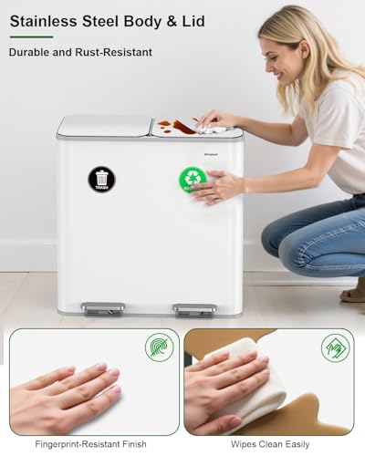 Lovewind 2×11.5 Gallon Dual Trash Can, Stainless Steel Dual Garbage and Recycling Can with Foot Pedal, 90° Stay-Open Lid, Pet-Proof Design – Large Dual Compartment Trash Recycling Bins Kitchen, White - color: White, size: 23 Gallon