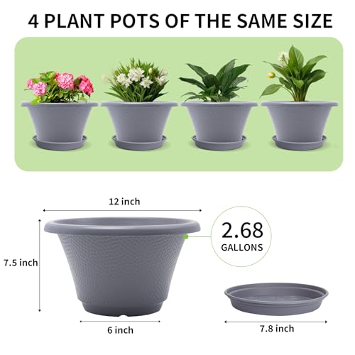 Quarut 12 Inch Pots for Plants,4 Pack Large Flower Pots with Drainage Hole - color: Diamond Pattern-grey, size: 12 inch-4 Pack