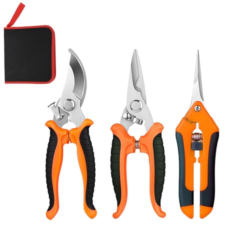 3PCS Garden Pruning Shears Set - Heavy Duty Bypass Pruners, Sharp Stainless Steel Gardening Scissors with Ergonomic Handle, Secateurs for Plants, Flowers, Fruit Trees, Bush Trimming (Orange) - color: Orange