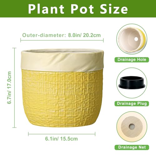 8 Inch Pots for Plants, Ceramic Planter, Round Planter, Yellow - color: Yellow, size: 8 Inch