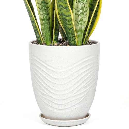 11.8 Inch Flower Pots for Indoor Plants,Ceramic Planter with Saucer Drainage Leak-Proof Mesh Gardening Gloves (Water-Ripple White) - color: Water-ripple White, size: 11.8 Inch