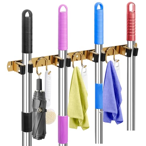 Mop Broom Holder Wall Mount, Gold Stainless Steel Tool Storage Organizer for Kitchen Garden Garage Laundry Room Bathroom and RV with 4 Slots 6 Hooks - color: Gold-1 Pack