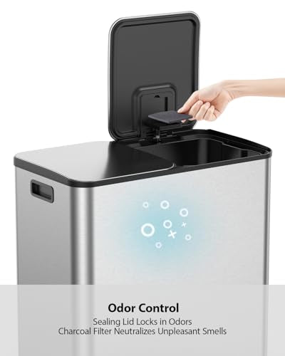 Lovewind Dual Trash and Recycling Bins for Kitchen, 2 * 11-Gallon Stainless Steel Double Trash Can, Step-On Garbage and Recycle Combo, Quiet Close, Pet-Proof, Compatible with 13-Gallon Bags, Silver - color: Silver, size: 2 x 11 Gallon