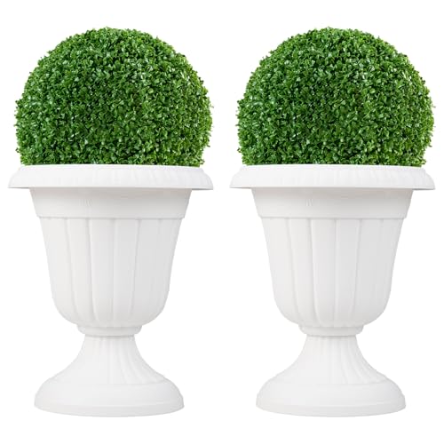 Giantex 18" Tall Vintage Planters Set of 2, Urn Plastic Flower Pots with/Pedestal Base & Pre-Marked Drain Hole, Indoor Outdoor Decorative Plant Containers for Front Porch Home Wedding, White - color: White