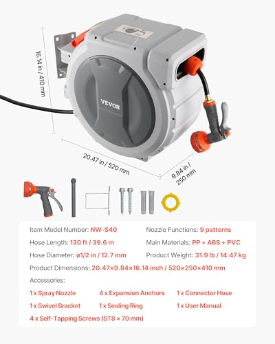 VEVOR Retractable Garden Hose Reel, 1/2 in x 130 ft, Wall Mounted Hose Reel with 9-Function Sprayer Nozzle and 180° Swivel Bracket, Any Length Lock, Automatic Slow Rewind System, for Garden Watering - size: 1/2 in x 130 ft