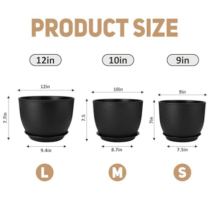 YNNICO Plant Pots 12/10/9 inch Set of 3, with Multi Mesh Drainage Holes - color: Black, size: 12/10/9 inch