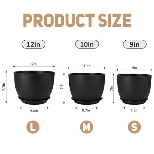YNNICO Plant Pots 12/10/9 inch Set of 3, with Multi Mesh Drainage Holes - color: Black, size: 12/10/9 inch