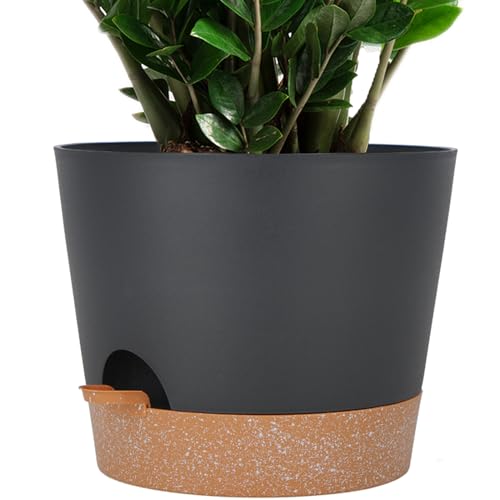 SwinDuck 12inch Large Self Watering Plant Pot, Plastic Cylinder Planter with 60Oz Deep Reservoir and Saucer for Indoor Outdoor Plants Flowers Houseplants, Black with Brown - color: Black With Brown