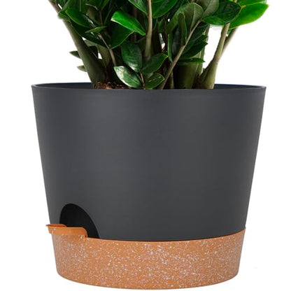 SwinDuck 12inch Large Self Watering Plant Pot, Plastic Cylinder Planter with 60Oz Deep Reservoir and Saucer for Indoor Outdoor Plants Flowers Houseplants, Black with Brown - color: Black With Brown