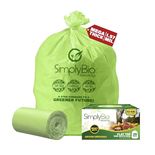 Simply Bio 30-33 Gallon Compostable Trash Bags Liners Flat-Top, Heavy Duty Extra Thick 1.57 Mil, 124.92 Liter, 30 Bags, Lawn, Yard, and Restaurant Use, ASTM D6400, US BPI, OK Compost Home Certified - size: Pack of 30, style: Flat-Top (33 Gal, 1.57 mil)