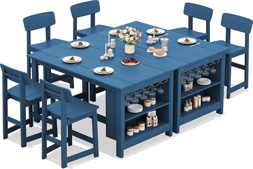 SERWALL 8-Piece Outdoor HDPE Counter-Height Bar Dining Set for 6, Blue - color: Blue, size: 8 Piece Bar Set