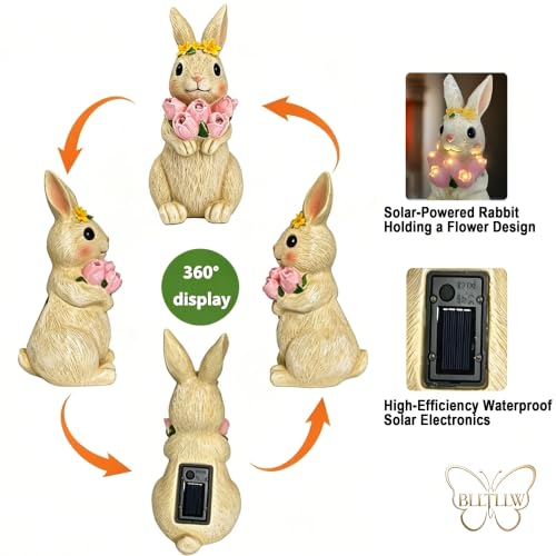 Solar Bunny Garden Statue with 5 LED Tulip Lights, 10.6" Outdoor Rabbit Decor for Patio Lawn Balcony Yard, Waterproof Resin Sculpture Gifts for Mom Grandma Women Mothers Day Birthday - color: Bunny