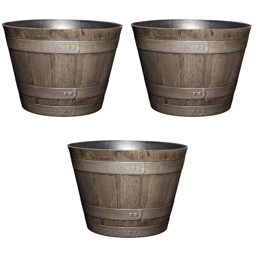 Classic Home and Garden Outdoor Round Whiskey Resin Flower Pot Barrel Planter, Distressed Oak Brown, 20.5" (Pack of 3) - color: Distressed Oak Brown, size: 20.5 Inch (Pack of 3), style: Rustic