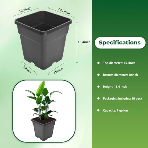 Plant Pots Flower Pot 10-Pack 7 Gallon Planter Nursery Pot Garden Seedling Planters Containers Plastic Injection Molded Pots with Drainage Holes for Outdoor Indoor Plants Vegetables, Black - color: Black, size: 7 Gallon - Square