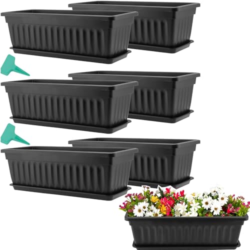 KEILEOHO 6 Pack 17 Inch Plastic Window Flower Box Planter, Rectangular Windowsill Planters with Trays and 30 Plant Labels, Countryside Flower Box Planter Plastic Vegetable Planters, Black