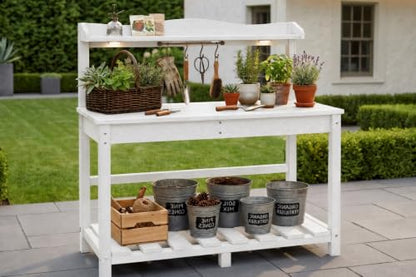 All-Weather HDPE Outdoor Potting Bench 2-Piece Set with Removable Sink, Expandable Gardening Work Station with Sliding Tabletop, Built-in Wheels, Heavy Duty Planting Table, White
