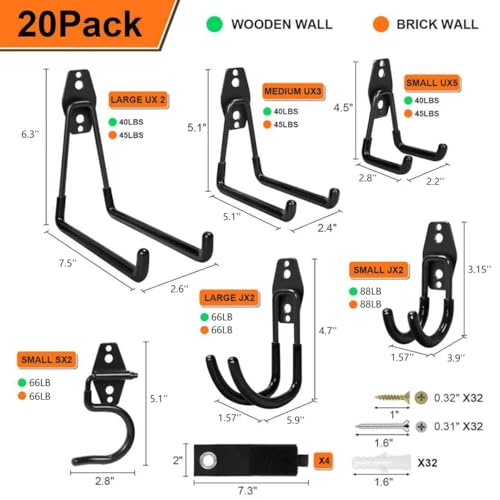 Heavy Duty Garage Hooks Storage, Anti-Slip Steel Wall Mount Multi-Size Utility Hangers Organizer for Ladders, Bikes, Garden Tools, Hose with 32 Screws Hardware Kit (Black, 20 Pack) - color: Black(20pcs)