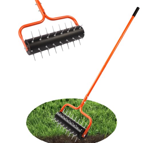 sancat Rolling Lawn Aerator, 21" Aerator Lawn Tool,Preasembled Spike Aerator, 75" Adjustable Handle,Heavy Duty Lawn Aerator Tool for Garden,Farm Care,Keep the Soil Health. - color: orange