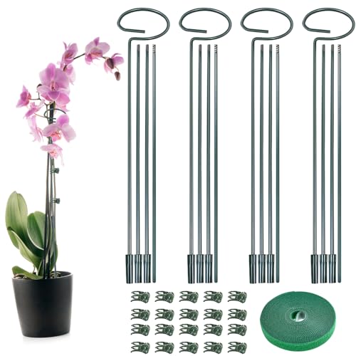 4 Set Metal Plant Sticks Support Tall 48 Inch Adjustable Plants Stem Support Rod Amaryllis Holder Stake Garden Flower Rings with 20PCS Clips 16.5' Plant Ties for Outdoor Indoor Plants - color: 4Set Green