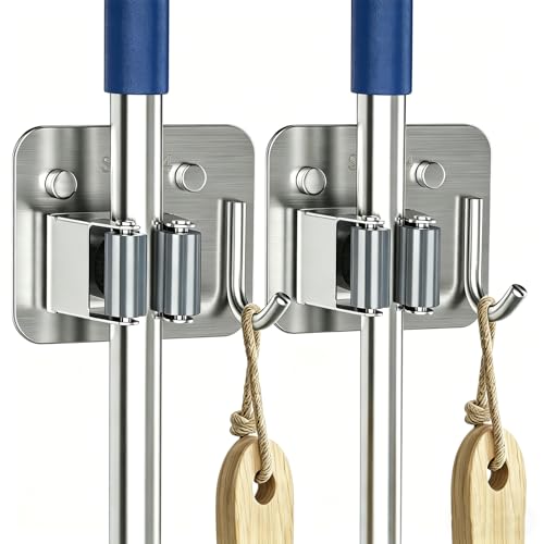 2 Pack Broom Holder Wall Mount, 304 Stainless Steel Mop Organizer with Hook - color: A-Silver, size: 2PCS Gripper
