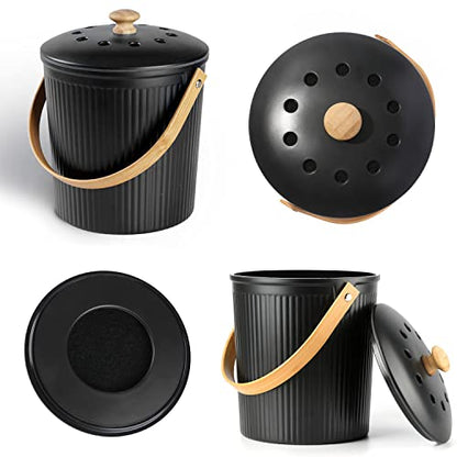 Countertop Compost Bin, LALASTAR Compost Bin Kitchen with Lid, Made of Sustainable Bamboo Fiber, Indoor Food Composter for Kitchen, Odorless, 1 Gallon, Black - color: Black