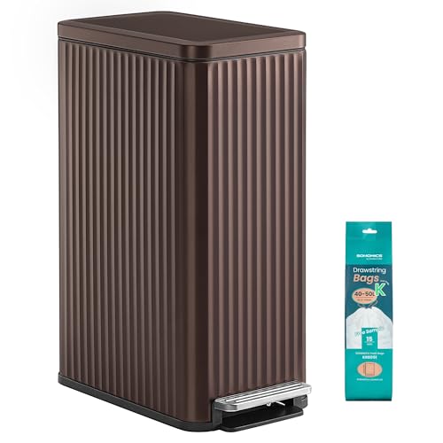 SONGMICS Trash Can, 13 Gallon (50 L) Slim, Stainless Steel, with Lid, Pedal - color: Brown, size: 13 Gallon (Slim)
