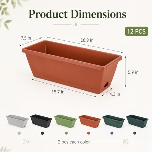 12 Pack Long Flower pots, 16.9 x 7.5 x 5.9 in Rectangular Flower Pots with Saucers and Drainage Holes, 6 Plastic Flower Pots for Vegetables, Flowers, Windowsill, Balcony, Garden