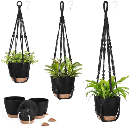 Mkono 3 Pack Hanging Planters for Indoor Plants, Macrame Hangers, 3 Sizes - color: Black
