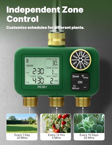 MOES 3 Zone Water Timer, Brass Fittings, Sequential Watering, No Wi-Fi - style: 3 Zones (3 Outlets)
