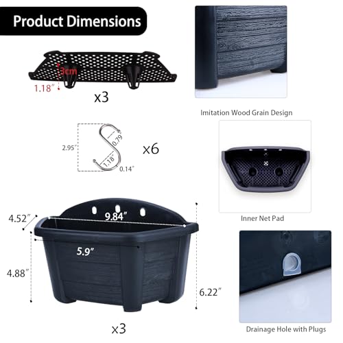 summer flower ‌3 Pack Black Hanging Railing Planters 9.84 Inch Plastic Window Box with Drain Hole for Indoor Outdoor Balcony Fence Garden Decor - color: Black