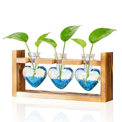 Nacome Plant Terrarium with Wooden Stand, 3 Heart Bulb Glass Vases - color: Iridescent Clear