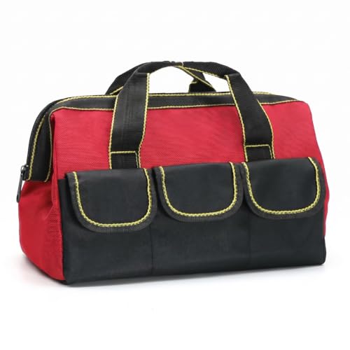 Tool Bags for Men Heavy Duty with Waterproof Hard Bottom Wide Mouth Large Tool Tote Bag Multi Pockets Organizer for Electrician Carpenter Mechanic Dad Gifts (1, Red, 16 Inch) - color: Red, size: 16 Inch